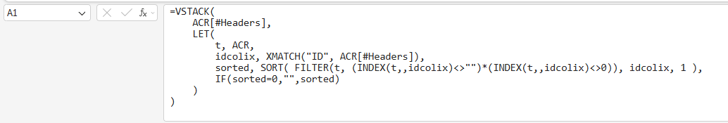Excel dynamic array formula using VSTACK, LET, XMATCH, SORT, and FILTER to build a sorted, ID-keyed view of the response table