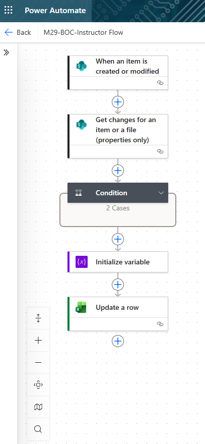 Power Automate instructor flow: when an item is created or modified, get changes for an item (properties only), condition with two cases, initialize variable, update a row