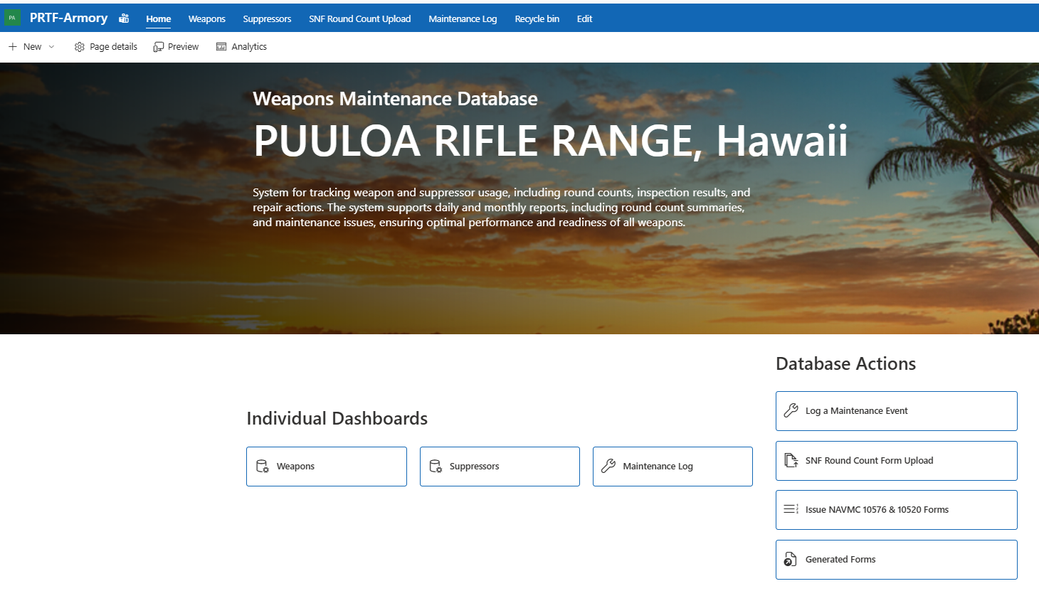 The PRTF-Armory SharePoint site home page: Weapons Maintenance Database for Puuloa Rifle Range, Hawaii, with individual dashboards for weapons, suppressors, and maintenance log, and database actions for logging maintenance events, uploading round-count forms, issuing NAVMC 10576 and 10520 forms, and viewing generated forms
