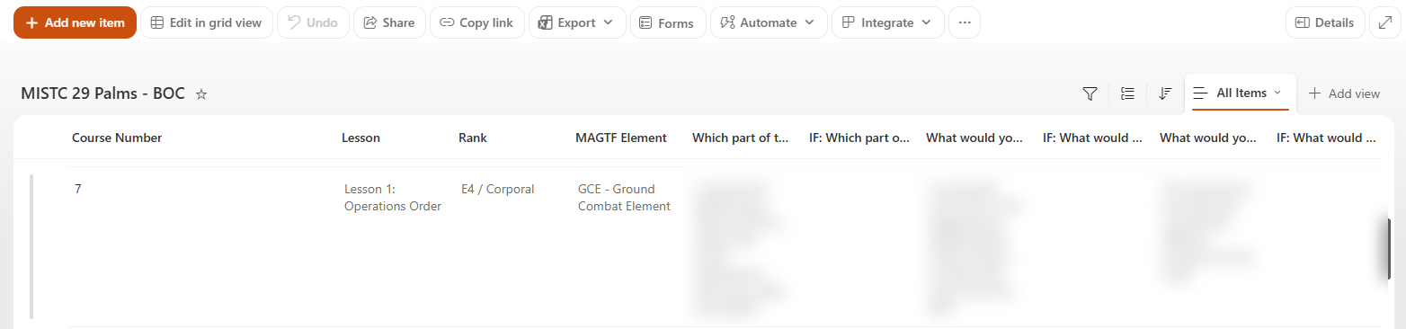 SharePoint list backend showing structured survey responses by course number, lesson, rank, and MAGTF element, with free-text feedback columns blurred